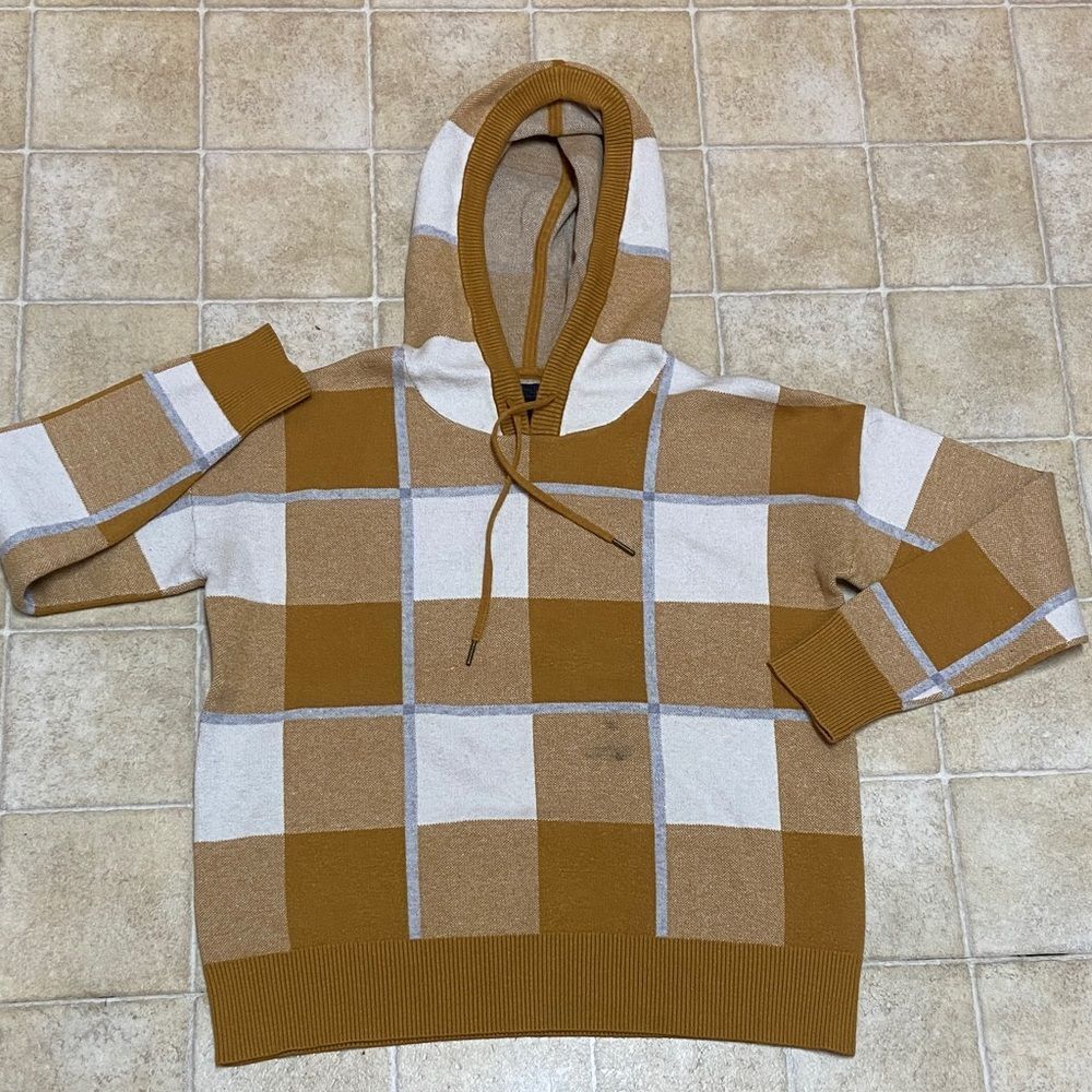 RACHEL Rachel Roy Tan and Mustrad Cream Checkered Hoodie Sweater Size L